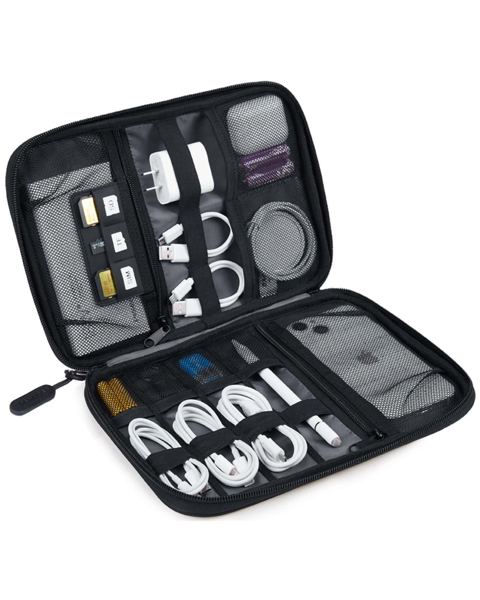 Electronics storage bag with chargers and power bank