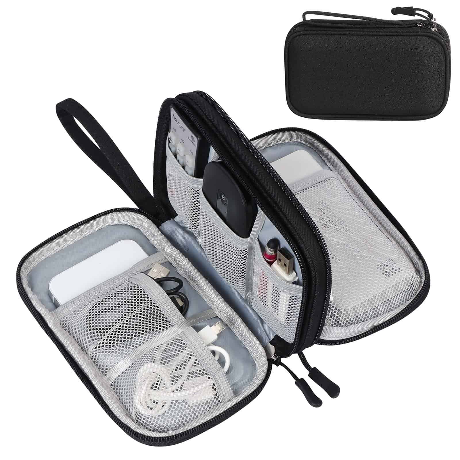 Compact gadget organizer inside carry-on luggage